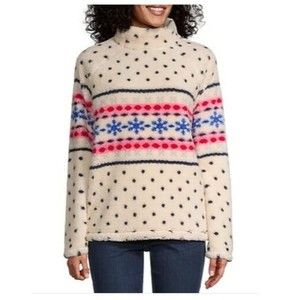 New St. Johns Bay Womens Sherpa Pullover Sweater Medium Cream Dot NWT Plush Cute